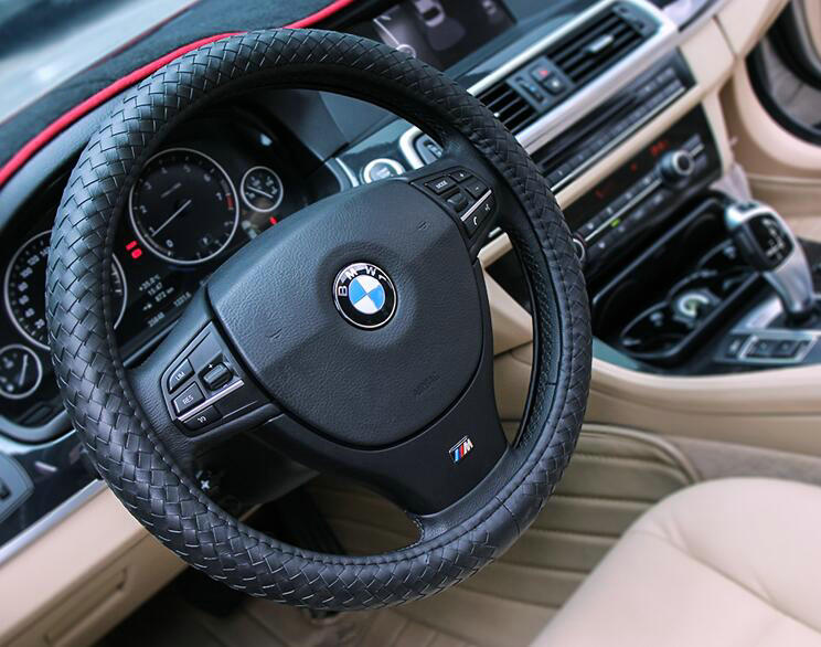 High Quality Woven Genuine Leather Car Steering Wheel Covers 15 inch 38CM - Black