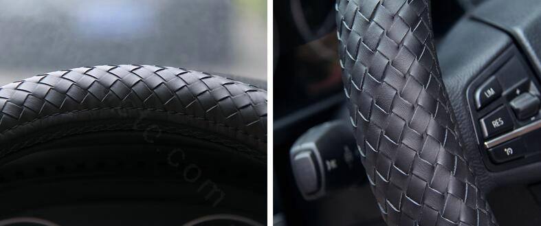High Quality Woven Genuine Leather Car Steering Wheel Covers 15 inch 38CM - Black