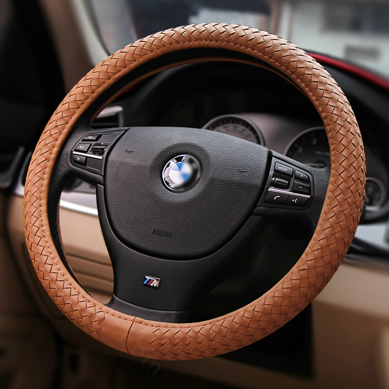 High Quality Woven Genuine Leather Car Steering Wheel Covers 15 inch 38CM - Brown