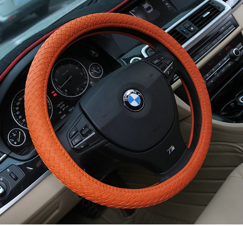 High Quality Woven Genuine Leather Car Steering Wheel Covers 15 inch 38CM - Orange