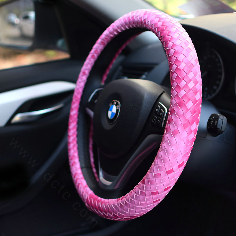 High Quality Woven Genuine Leather Car Steering Wheel Covers 15 inch 38CM - Pink