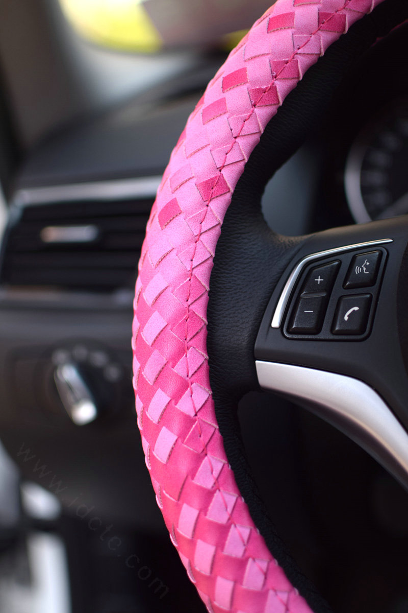 High Quality Woven Genuine Leather Car Steering Wheel Covers 15 inch 38CM - Pink