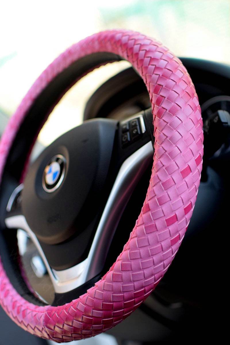 High Quality Woven Genuine Leather Car Steering Wheel Covers 15 inch 38CM - Pink