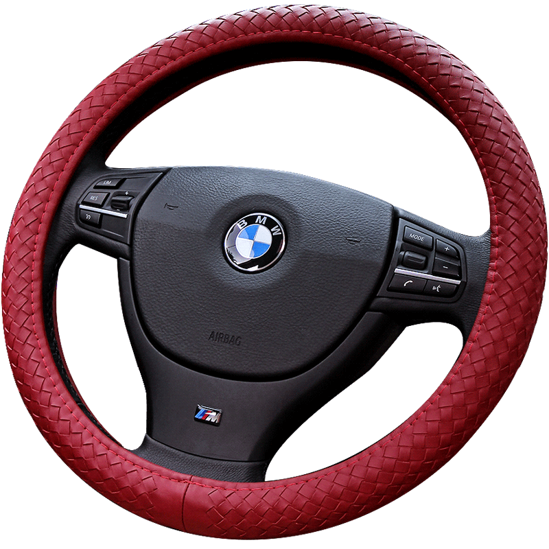 High Quality Woven Genuine Leather Car Steering Wheel Covers 15 inch 38CM - Red