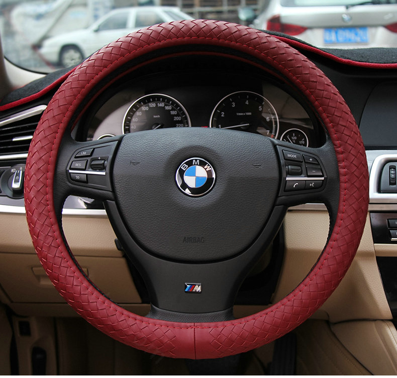 High Quality Woven Genuine Leather Car Steering Wheel Covers 15 inch 38CM - Red