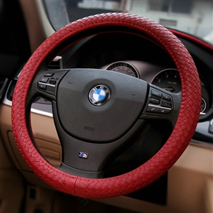 High Quality Woven Genuine Leather Car Steering Wheel Covers 15 inch 38CM - Red