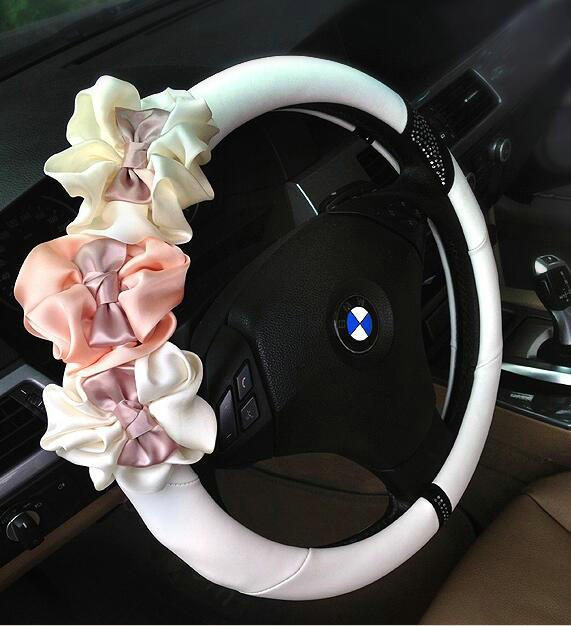 Hot Sales Satin Flower Pu Leather Car Steering Wheel Covers Diamond 15 inch 38CM - White
