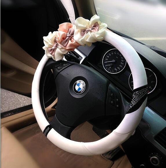 Hot Sales Satin Flower Pu Leather Car Steering Wheel Covers Diamond 15 inch 38CM - White