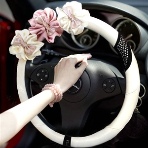 Hot Sales Satin Flower Pu Leather Car Steering Wheel Covers Diamond 15 inch 38CM - White