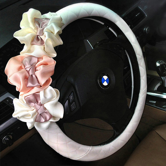Hot Sales Satin Flower Pu Leather Car Steering Wheel Covers Handle 15 inch 38CM - White