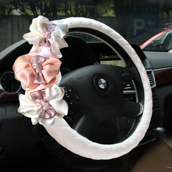 Hot Sales Satin Flower Pu Leather Car Steering Wheel Covers Handle 15 inch 38CM - White