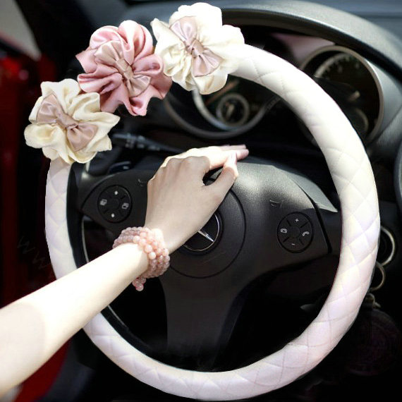 Hot Sales Satin Flower Pu Leather Car Steering Wheel Covers Handle 15 inch 38CM - White