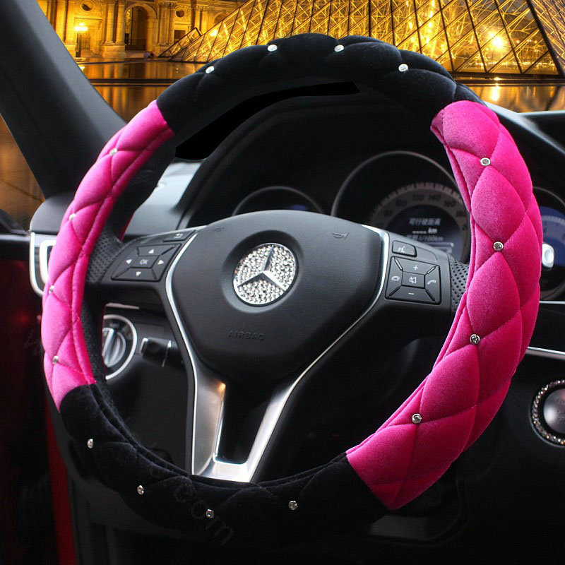 Hot sales Winter Diamond Velvet Car Steering Wheel Covers 15 inch 38CM - Black Rose