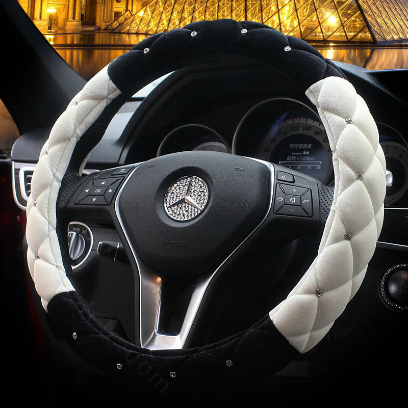 Hot sales Winter Diamond Velvet Car Steering Wheel Covers 15 inch 38CM - Black White