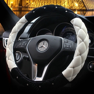 Hot sales Winter Diamond Velvet Car Steering Wheel Covers 15 inch 38CM - Black White