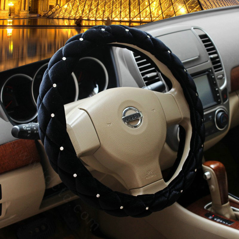 Hot sales Winter Diamond Velvet Car Steering Wheel Covers 15 inch 38CM - Black