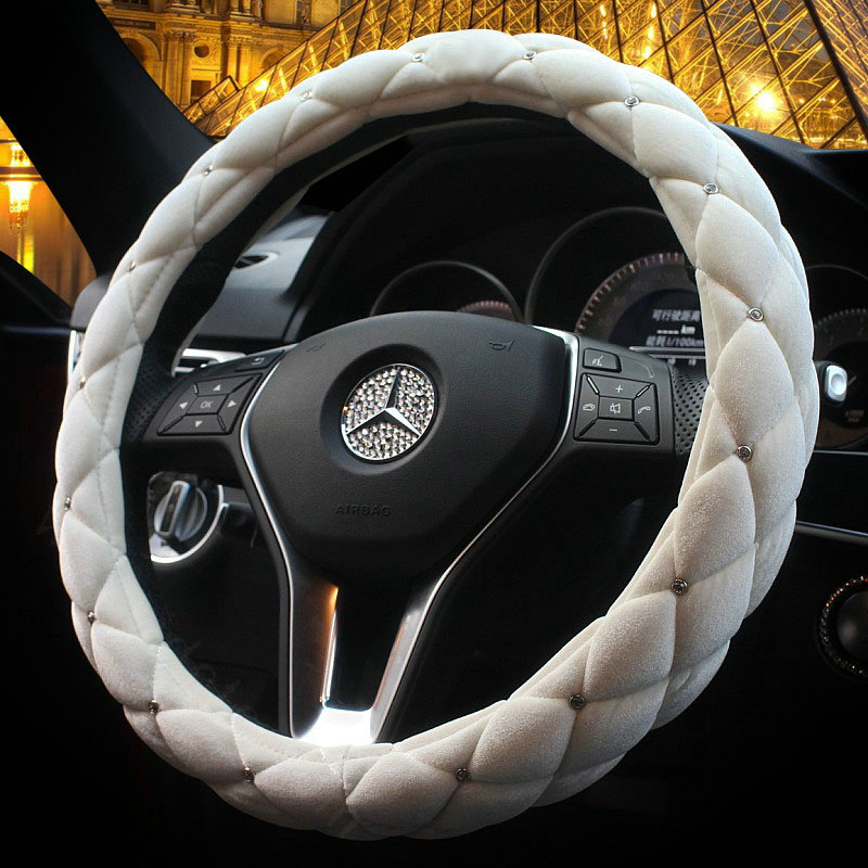 Hot sales Winter Diamond Velvet Car Steering Wheel Covers 15 inch 38CM - White