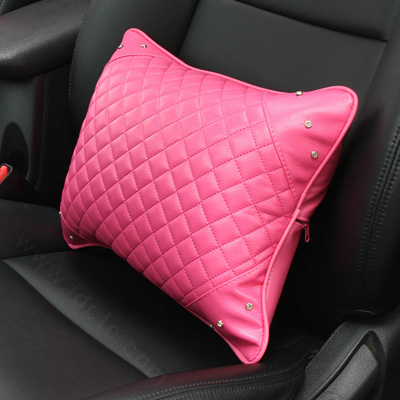 Hot sales Women Rhinestone Car Seat Waist Pillows PU Leather Auto Accessories 1pcs - Rose