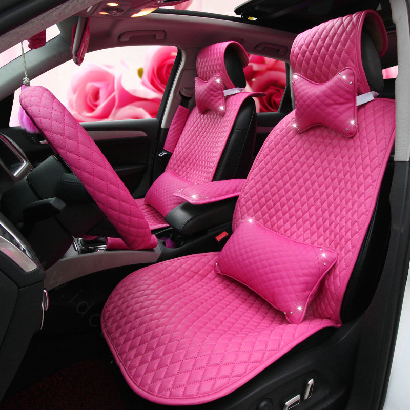 Hot sales Women Rhinestone Car Seat Waist Pillows PU Leather Auto Accessories 1pcs - Rose