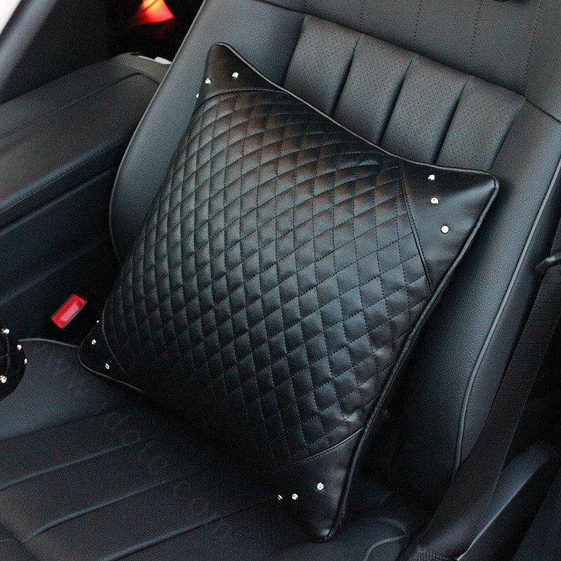 Hot sales Women Rhinestone Car Seat Waist Pillows PU Leather Square Cushion 1pcs - Black