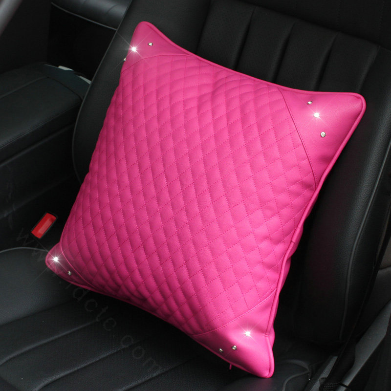 Hot sales Women Rhinestone Car Seat Waist Pillows PU Leather Square Cushion 1pcs - Rose