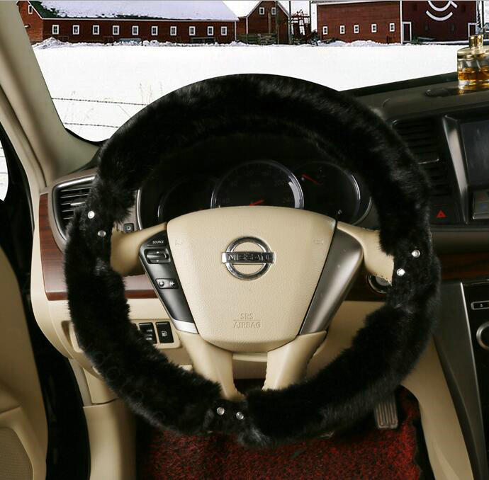 Inexpensive Plush Fur Rhinestone Car Steering Wheel Covers 15 Inch 38CM - Black