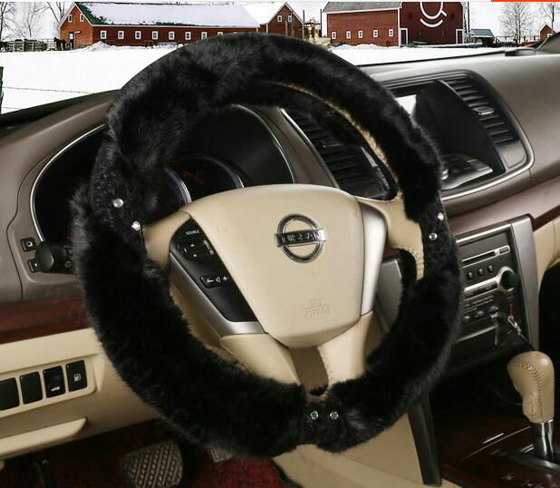 Inexpensive Plush Fur Rhinestone Car Steering Wheel Covers 15 Inch 38CM - Black