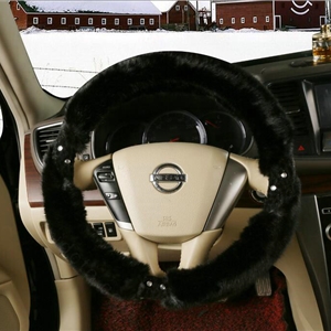 Inexpensive Plush Fur Rhinestone Car Steering Wheel Covers 15 Inch 38CM - Black