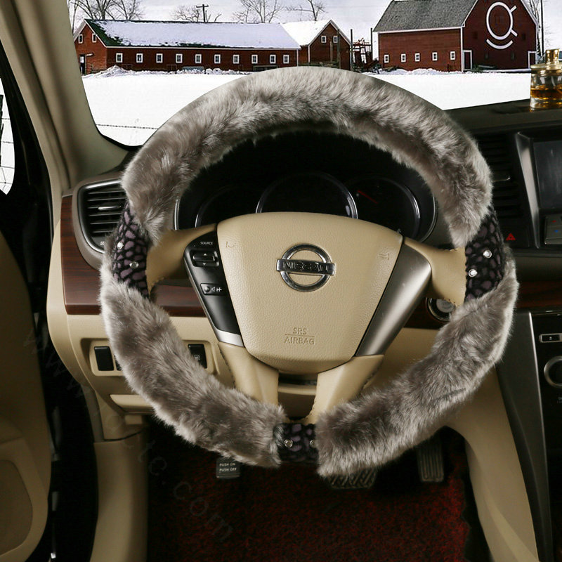 Inexpensive Plush Fur Rhinestone Car Steering Wheel Covers 15 Inch 38CM - Gray