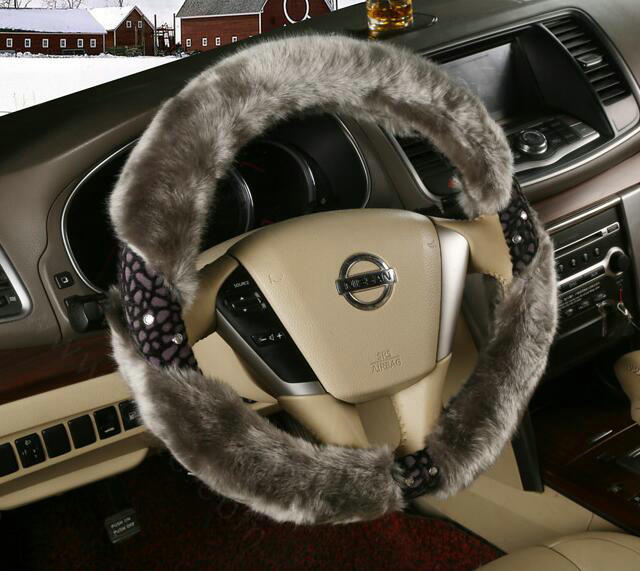 Inexpensive Plush Fur Rhinestone Car Steering Wheel Covers 15 Inch 38CM - Gray