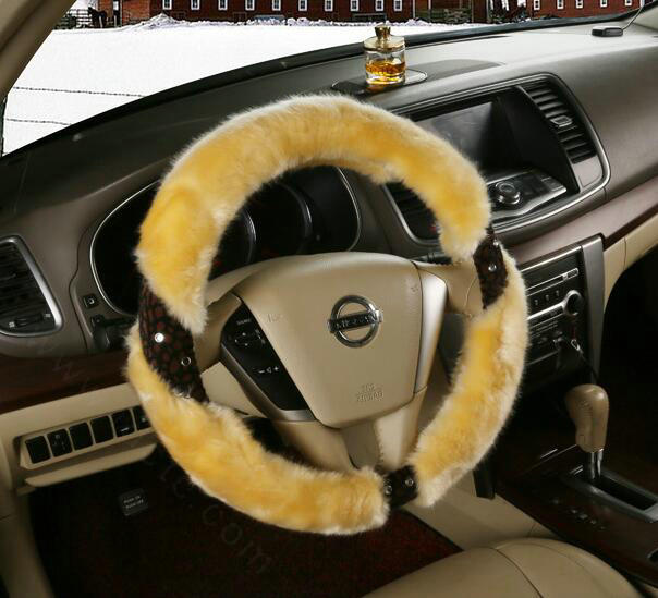 Inexpensive Plush Fur Rhinestone Car Steering Wheel Covers 15 Inch 38CM - Yellow