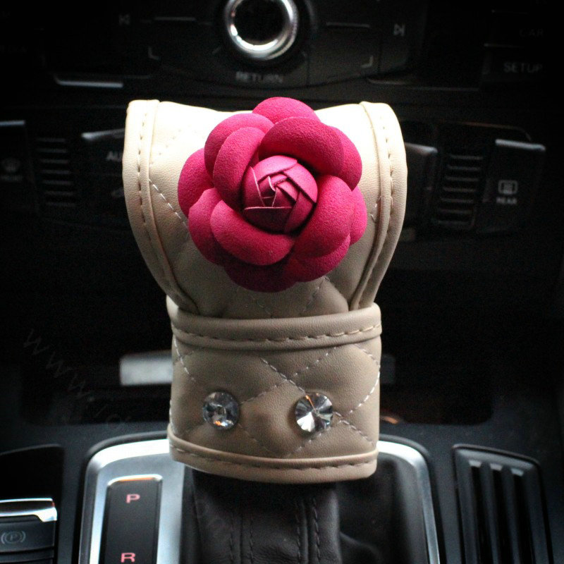 Lady Flower Car Interior Accessories Sets Leather Handbrake Cover & Shiter Cover 2pcs - Beige
