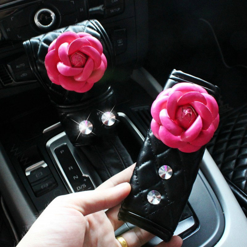 Lady Flower Car Interior Accessories Sets Leather Handbrake Cover & Shiter Cover 2pcs - Rose Black
