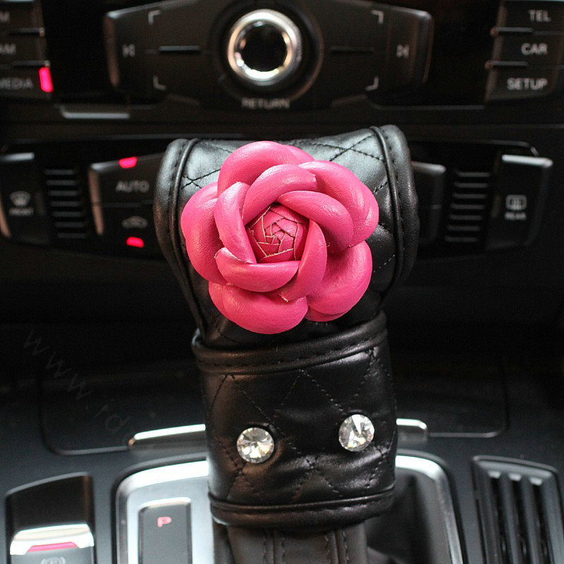 Lady Flower Car Interior Accessories Sets Leather Handbrake Cover & Shiter Cover 2pcs - Rose Black