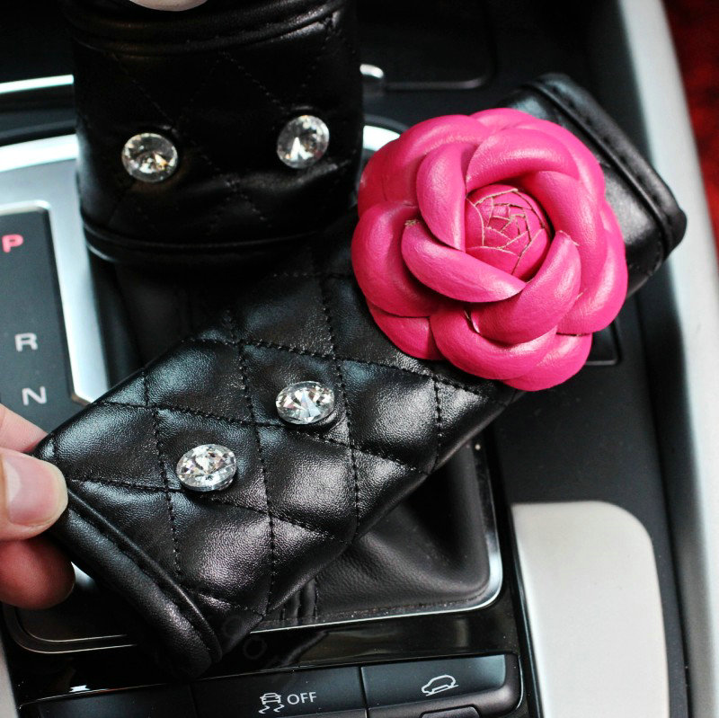 Lady Flower Car Interior Accessories Sets Leather Handbrake Cover & Shiter Cover 2pcs - Rose Black