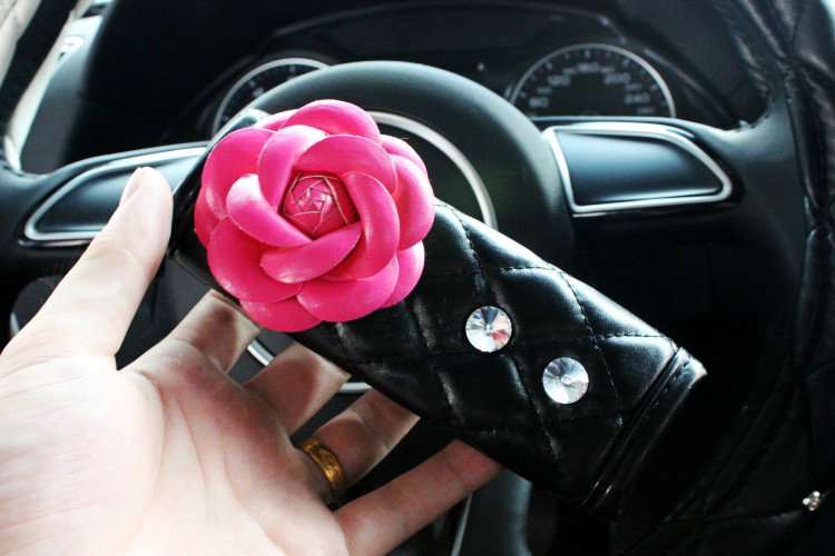 Lady Flower Car Interior Accessories Sets Leather Handbrake Cover & Shiter Cover 2pcs - Rose Black