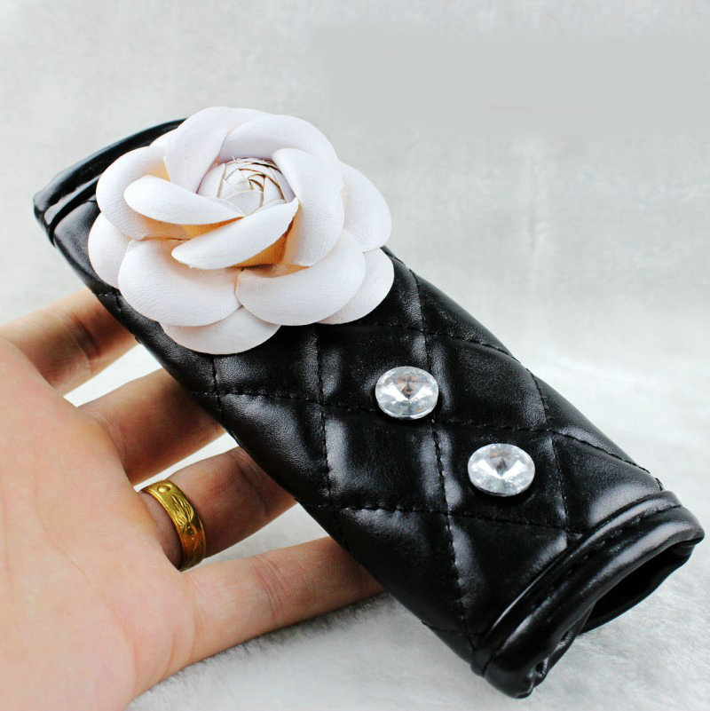 Lady Flower Car Interior Accessories Sets Leather Handbrake Cover & Shiter Cover 2pcs - White Black