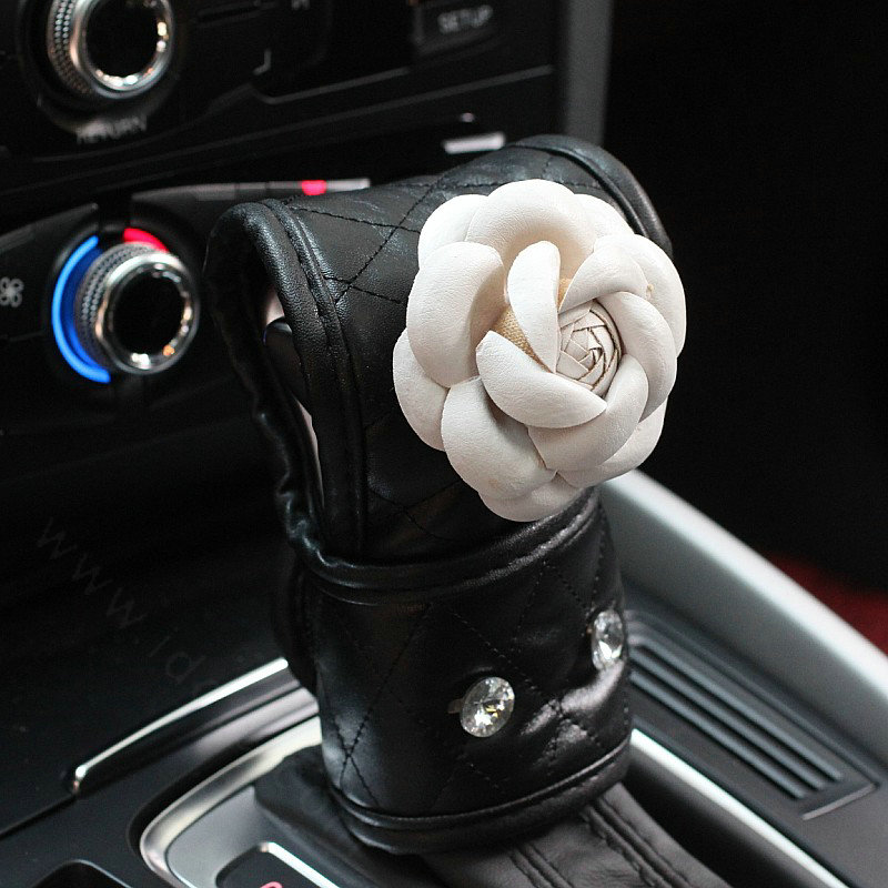 Lady Flower Car Interior Accessories Sets Leather Handbrake Cover & Shiter Cover 2pcs - White Black