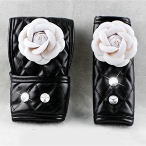Lady Flower Car Interior Accessories Sets Leather Handbrake Cover & Shiter Cover 2pcs - White Black