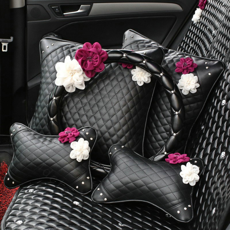 Leather Car Interior Accessories Sets Flowers Auto Steering Wheel Cover and Pillows 5pcs - Black