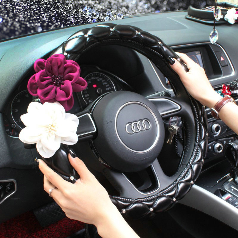 Leather Car Interior Accessories Sets Flowers Auto Steering Wheel Cover and Pillows 5pcs - Black