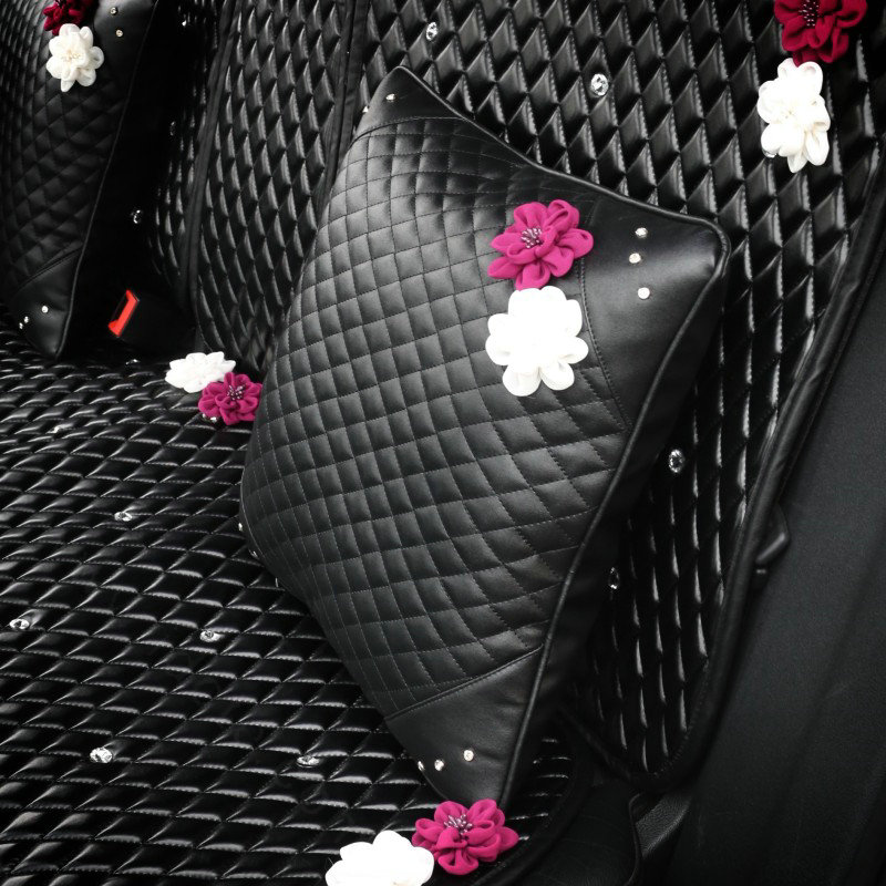 Leather Car Interior Accessories Sets Flowers Auto Steering Wheel Cover and Pillows 5pcs - Black