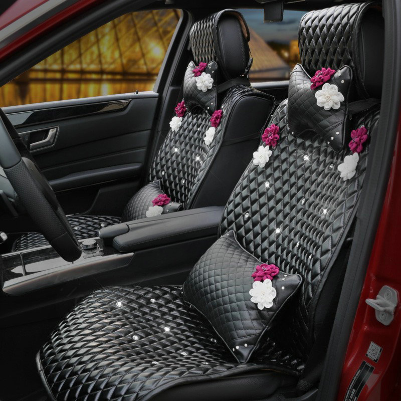Leather Car Interior Accessories Sets Flowers Auto Steering Wheel Cover and Pillows 5pcs - Black