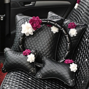 Leather Car Interior Accessories Sets Flowers Auto Steering Wheel Cover and Pillows 5pcs - Black