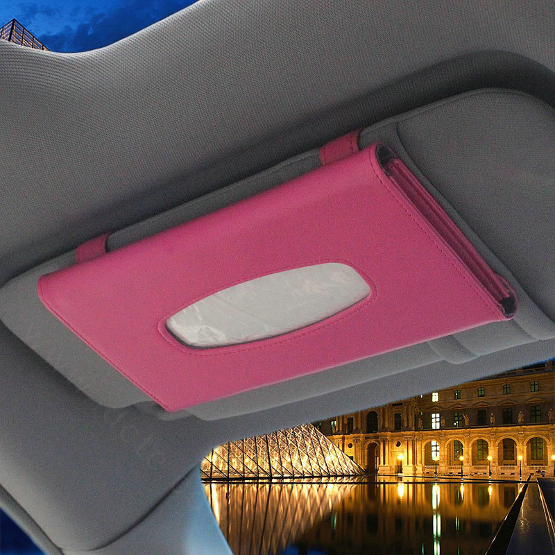 Leather Hanging Car Tissue Box Case Auto Sun Visor Tissue Bag Interior Accessories - Rose