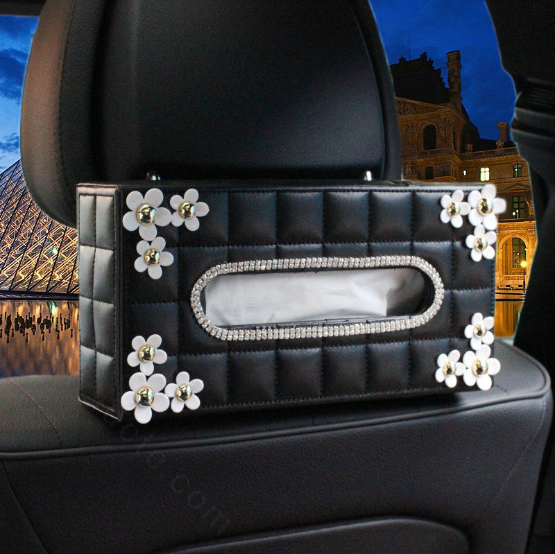 Leather Hanging Car Tissue Box Case Princess Diamond Flower Magnet Tissue Bag - Black