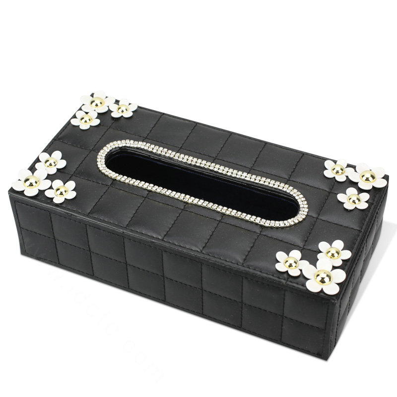 Leather Hanging Car Tissue Box Case Princess Diamond Flower Magnet Tissue Bag - Black