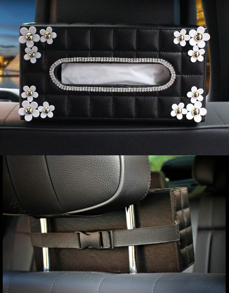 Leather Hanging Car Tissue Box Case Princess Diamond Flower Magnet Tissue Bag - Black