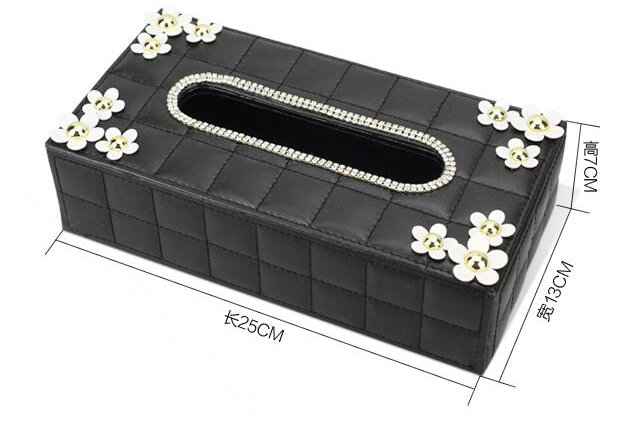 Leather Hanging Car Tissue Box Case Princess Diamond Flower Magnet Tissue Bag - Black
