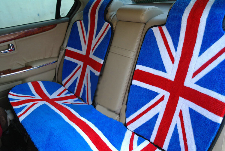 Luxury British Flag Thickened Wool Car Seat Cushion Free Tie Universal 5pcs Set - Blue